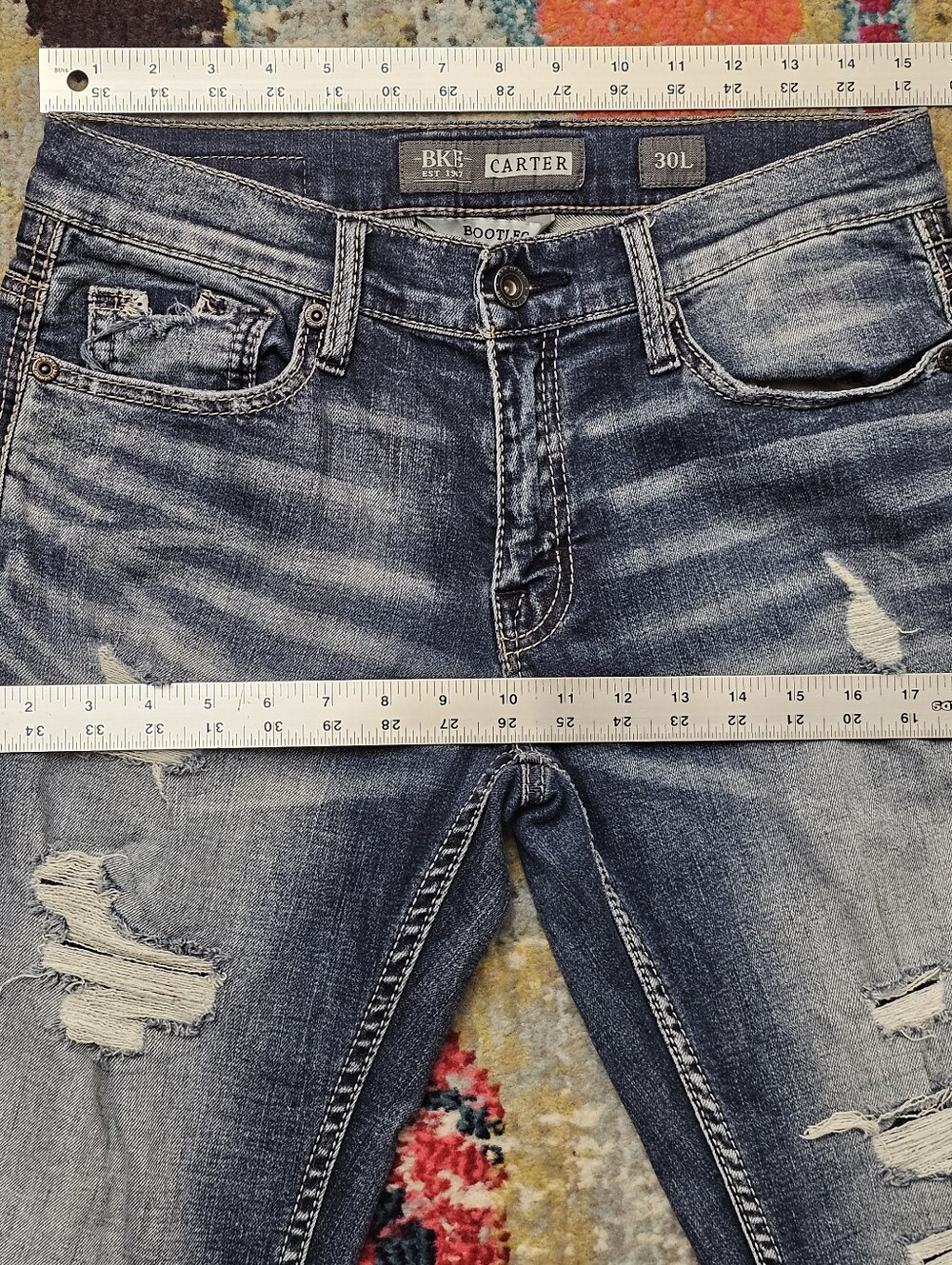 BKE Buckle Jeans Mens Carter Bootleg 30L 30x35 Blue Denim Medium Wash Distressed - Picture 12 of 14
